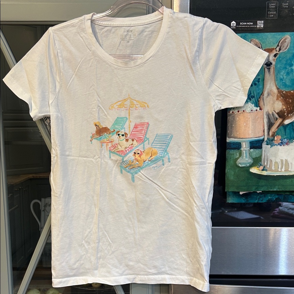 J. Crew Factory White Tee with Dog and Beach Print XS Preppy Beach Summer
